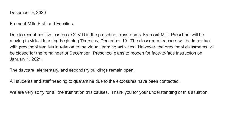 Preschool Closure, due to COVID